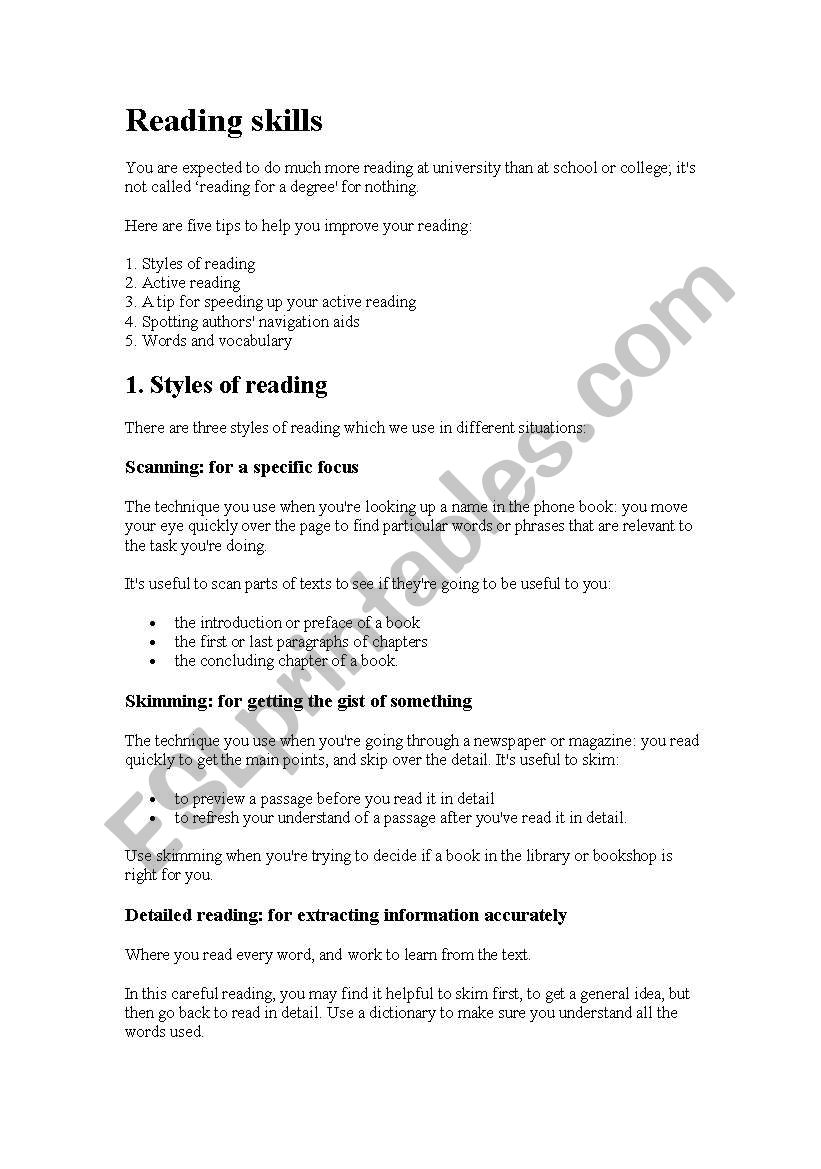 reading skills worksheet