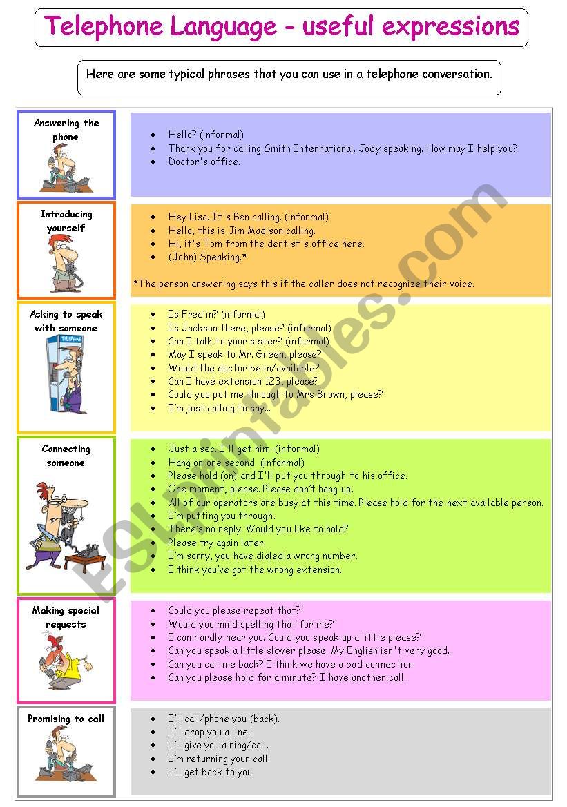 Telephone language - useful expressions.  Two pages