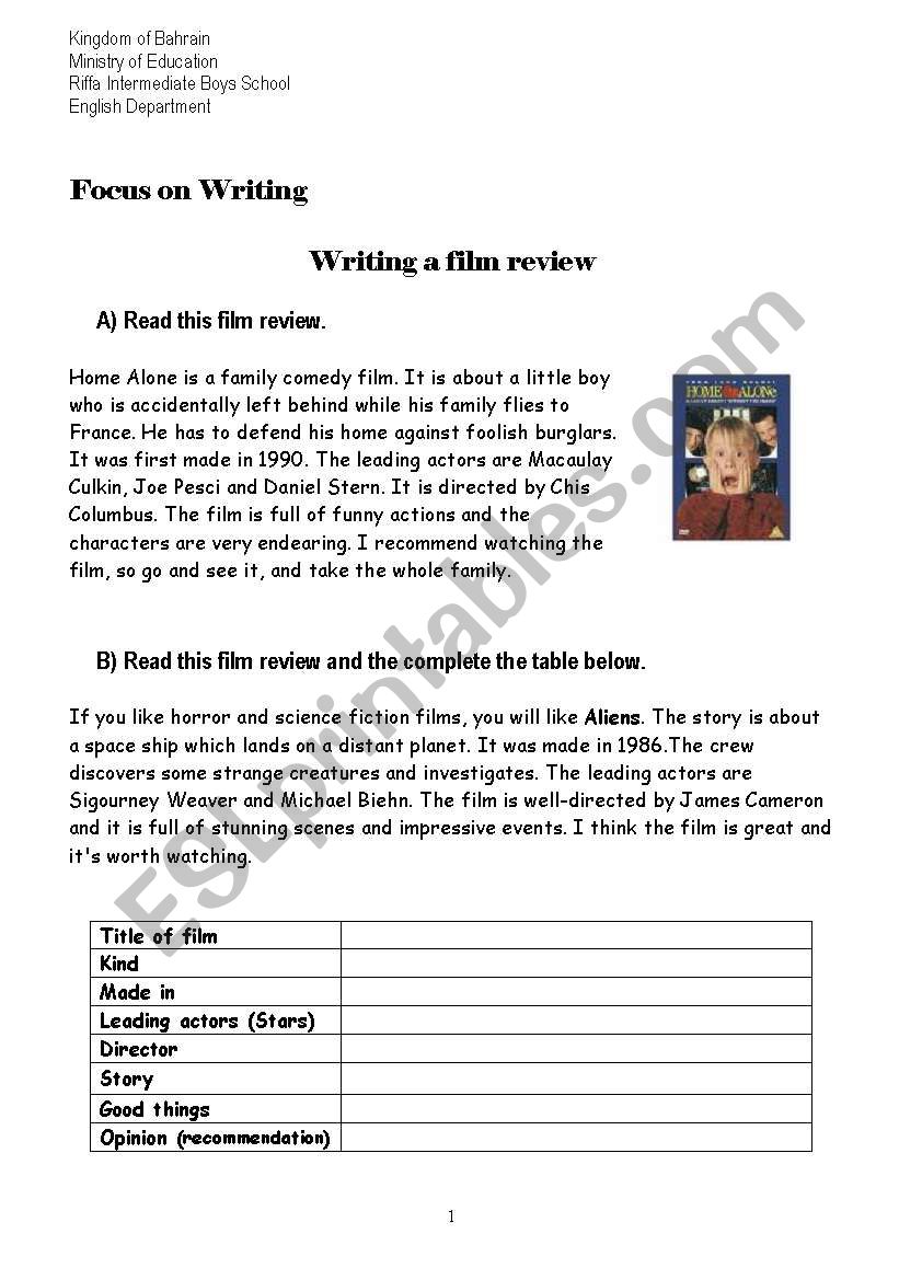 Film reviews worksheet