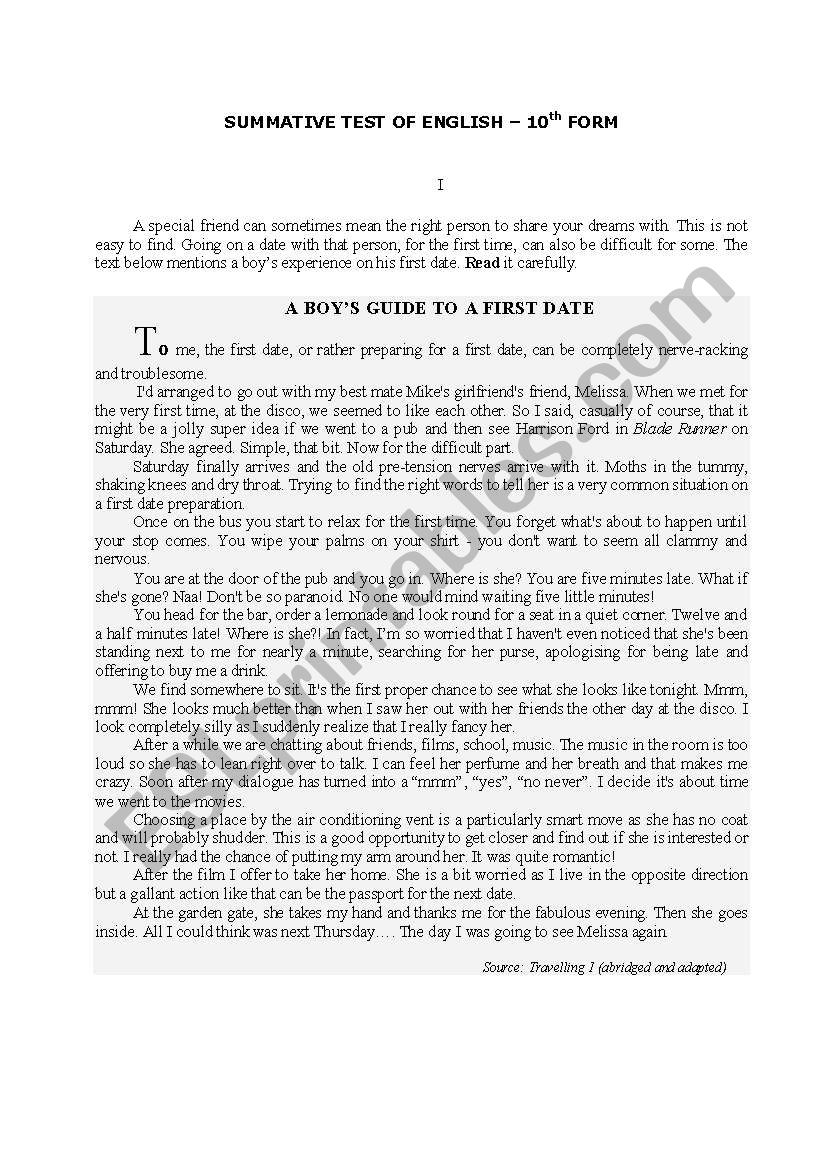 a test on the topic dating worksheet