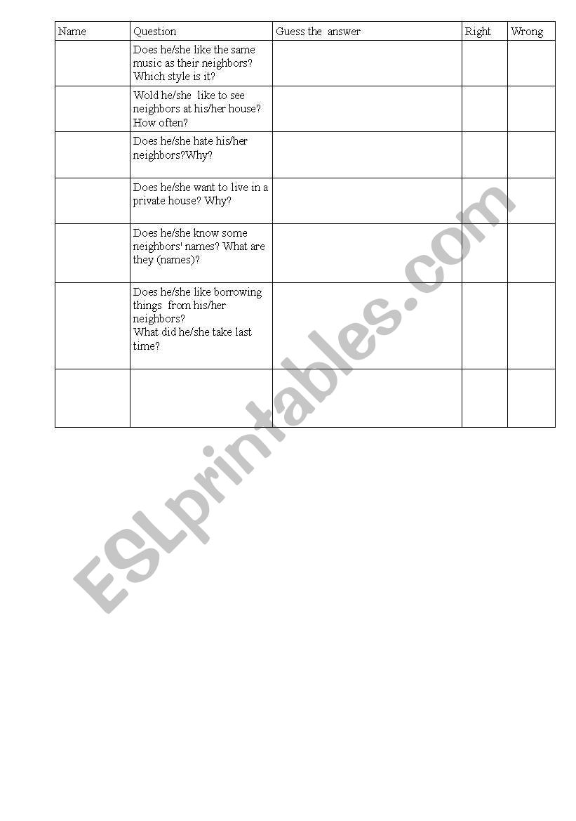 Neighbour survey worksheet