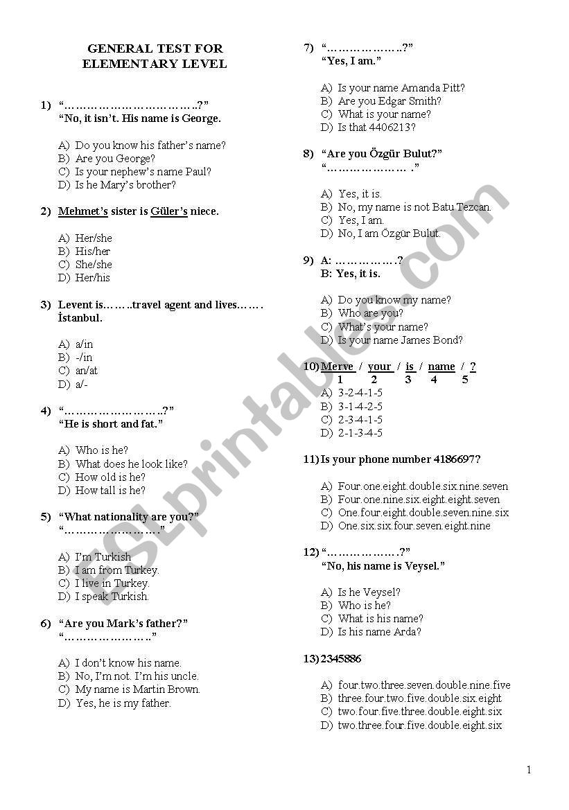 practice test for elementary level students