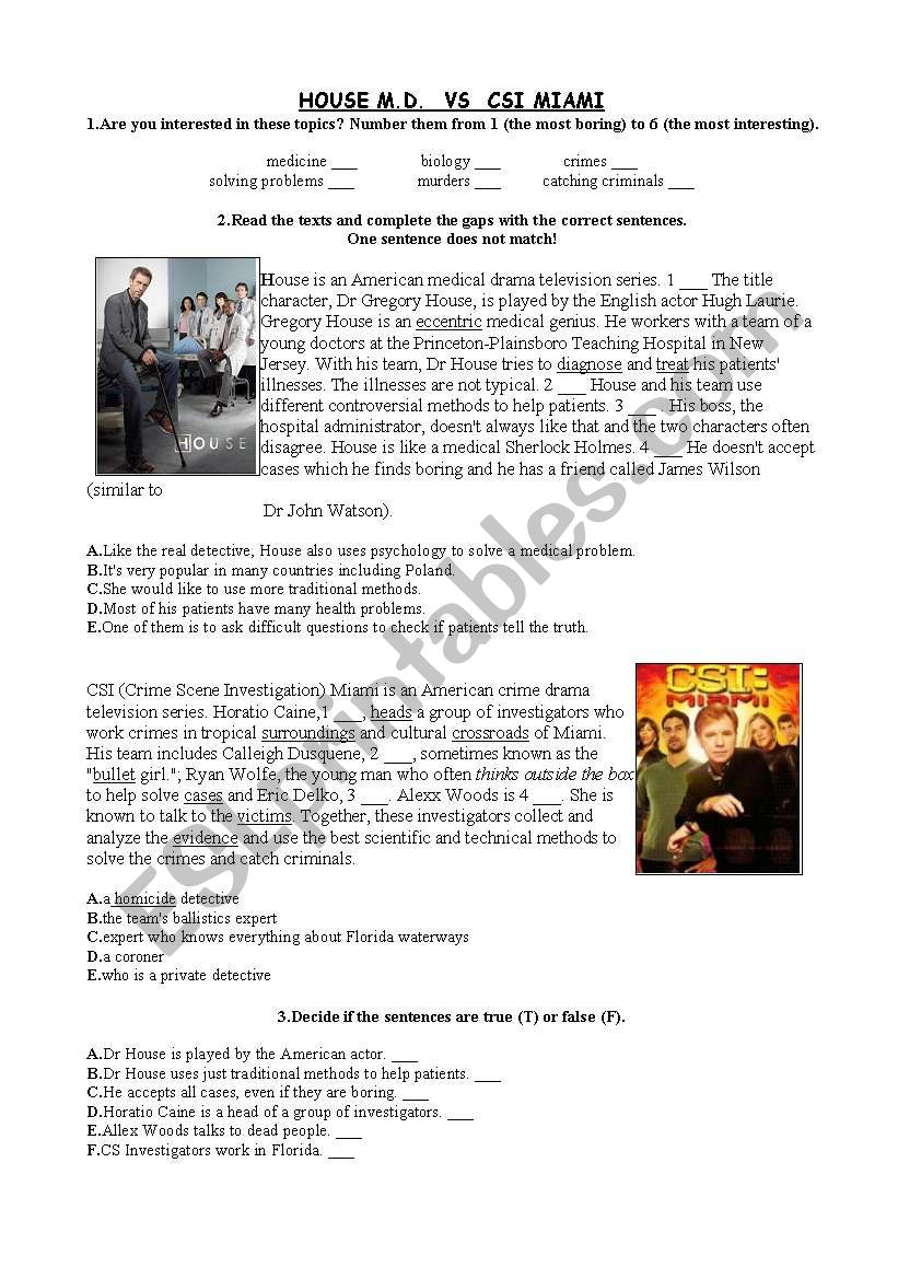 Reading CSI Miami vs House MD worksheet