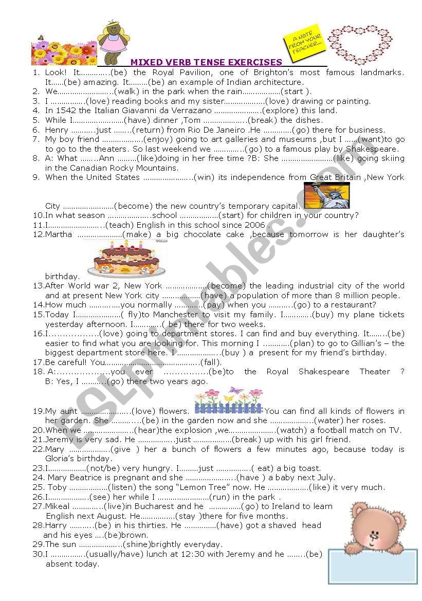 Mixed verb tense exercises  worksheet