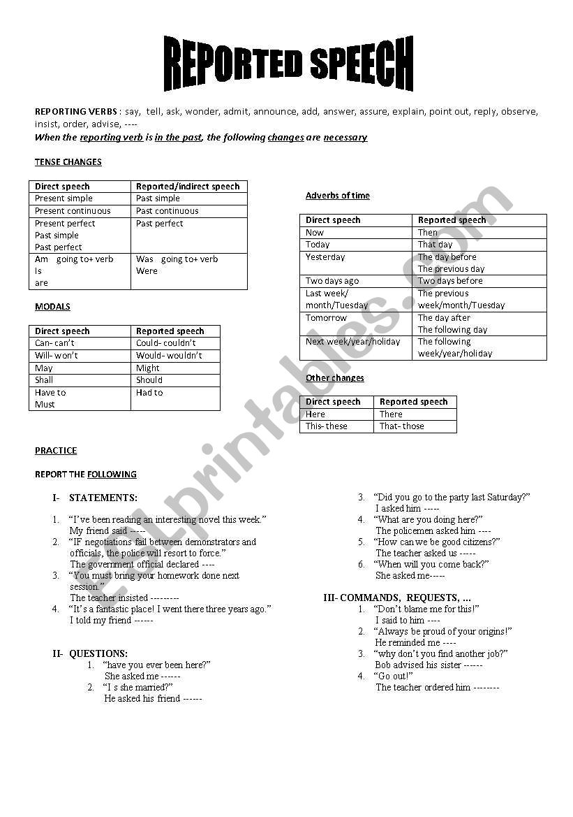 reported speech worksheet