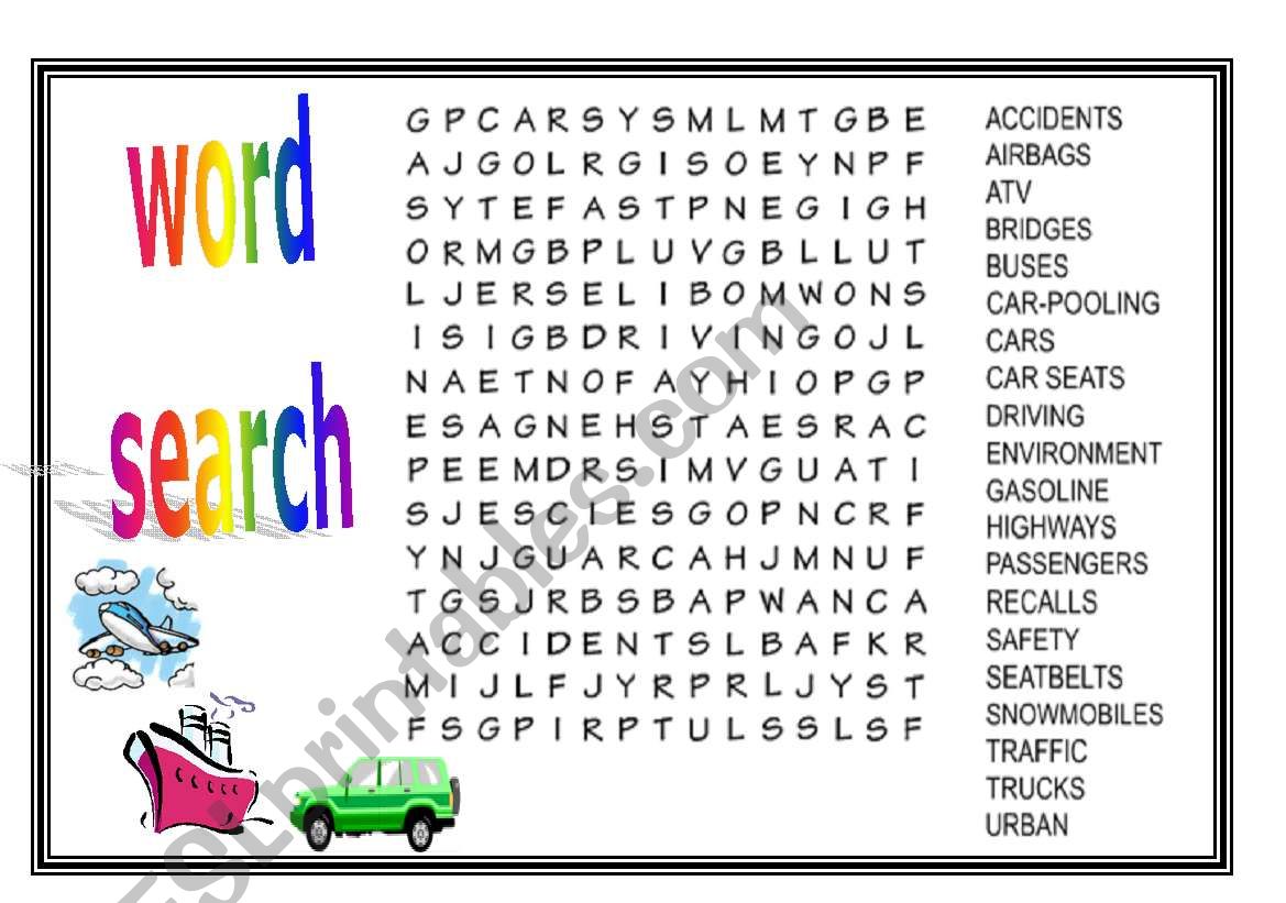 transportation crossword worksheet