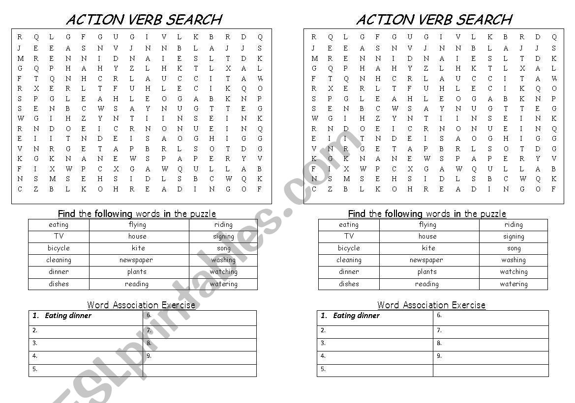 ACTION VERB WORD SEARCH worksheet