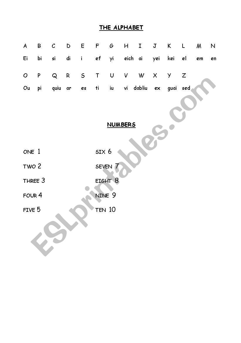 Alphabet and Numbers worksheet