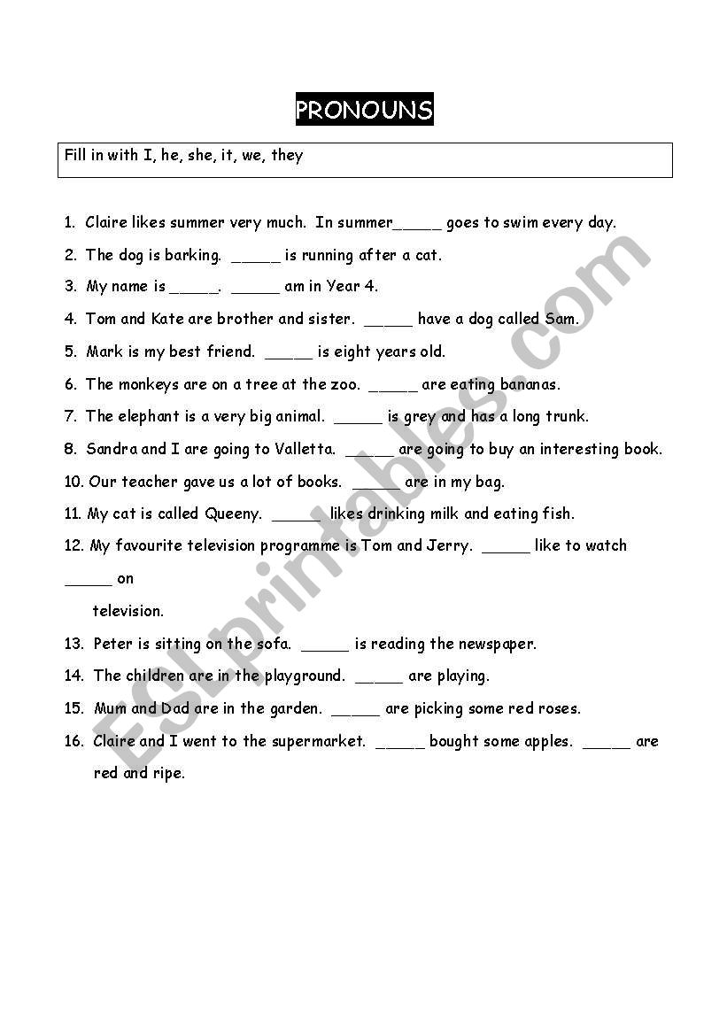 Pronouns worksheet