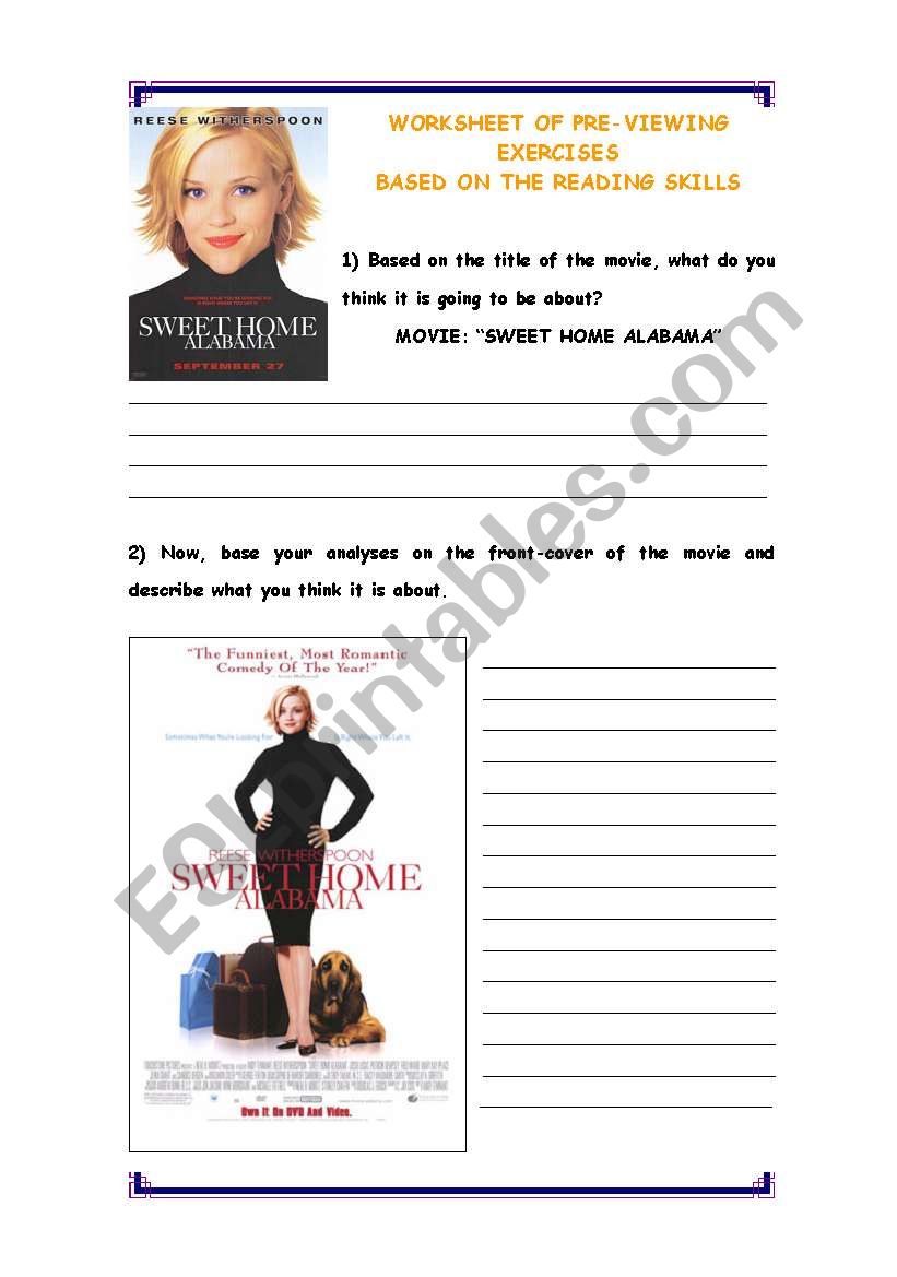 Reading and Writing activity based on the movie Sweet Home Alabama