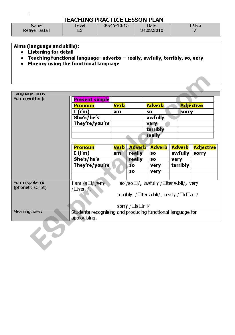 Lesson plan for teaching apologies/sorry