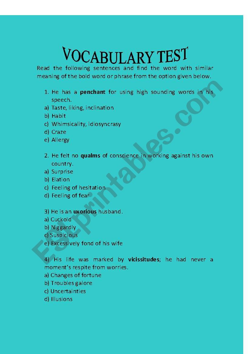 VOCABULARY TEST worksheet