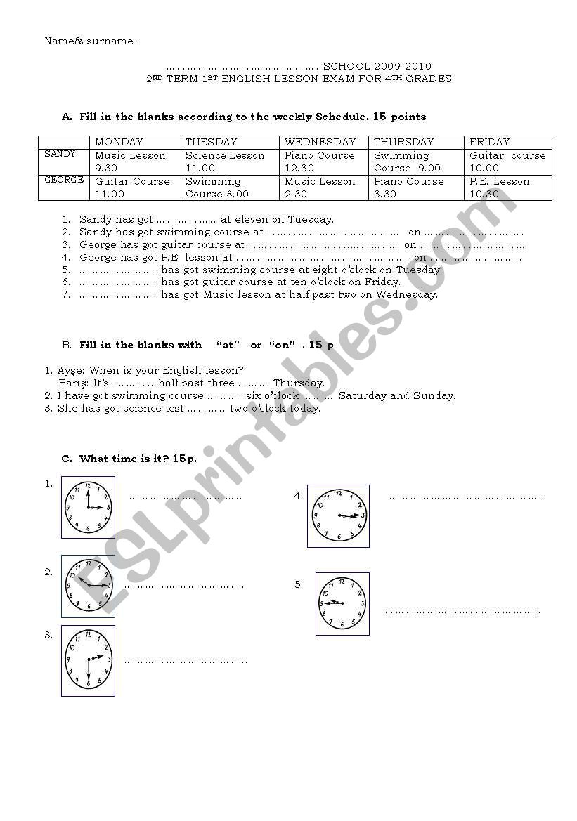 4th GRADE 2ND TERM 1ST EXAM  worksheet