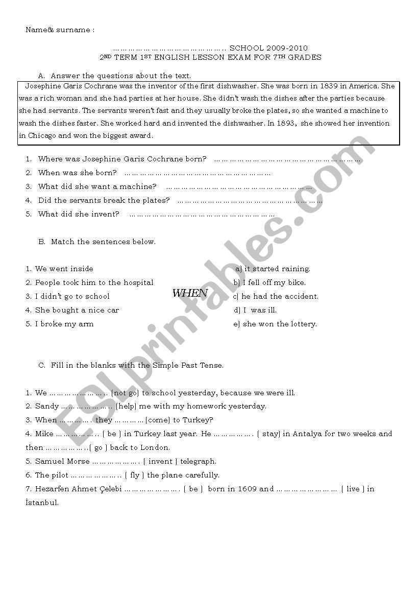 7TH GRADE 2ND TERM 1ST EXAM worksheet