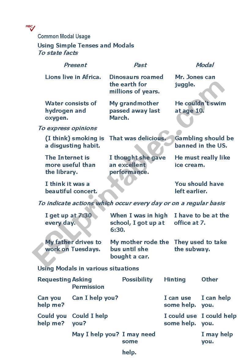 Modals worksheet