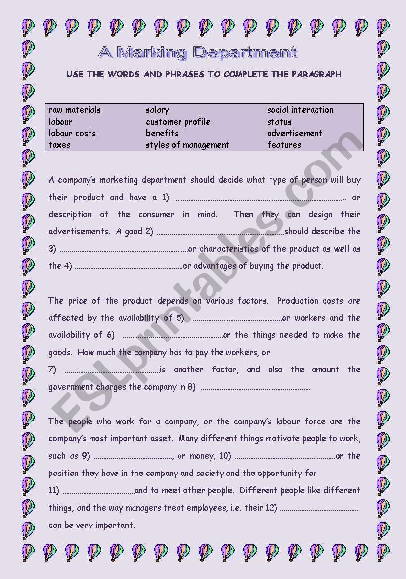 A marketing Department worksheet