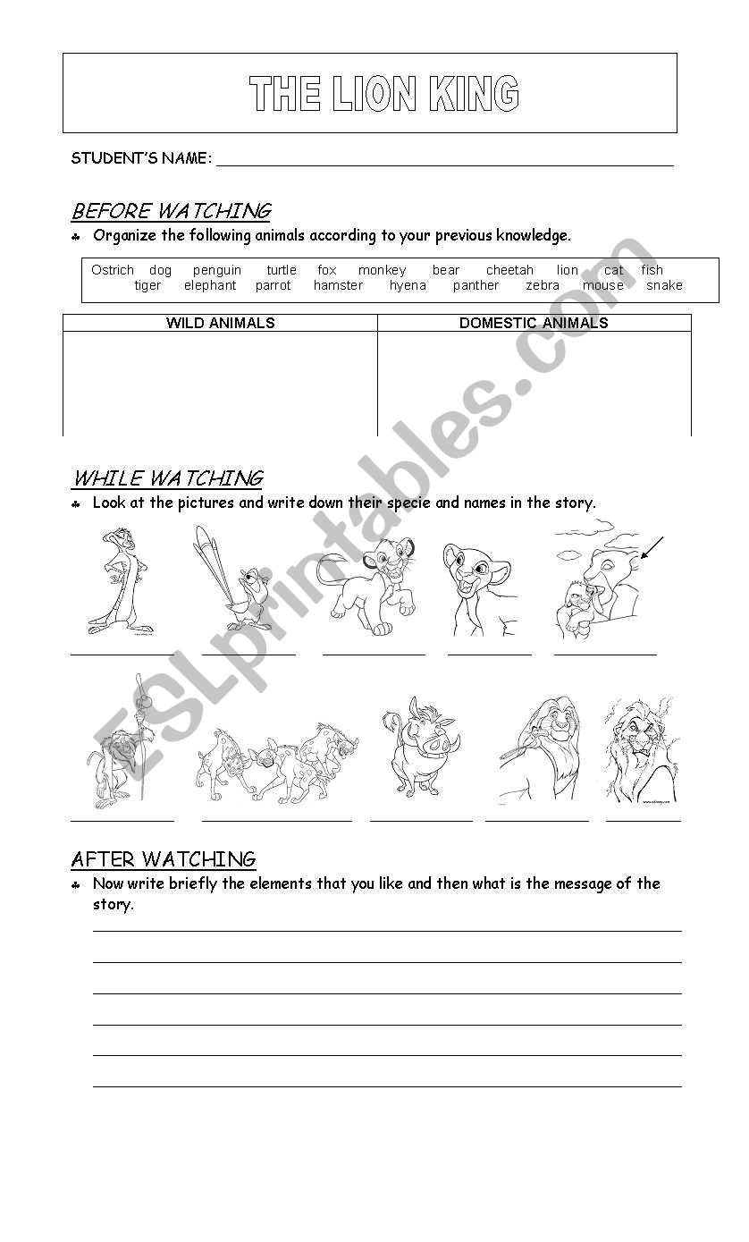 The Lion King Video Workshop worksheet