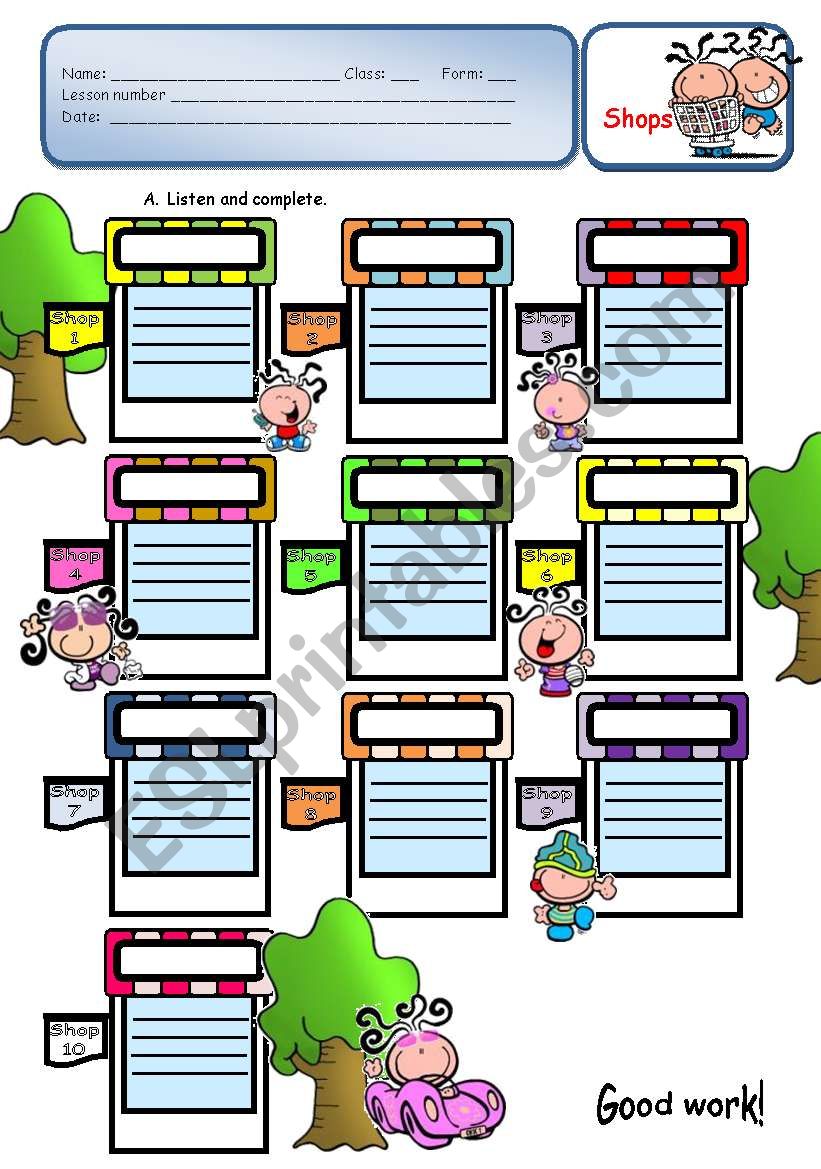 SHOPS - listening activity worksheet