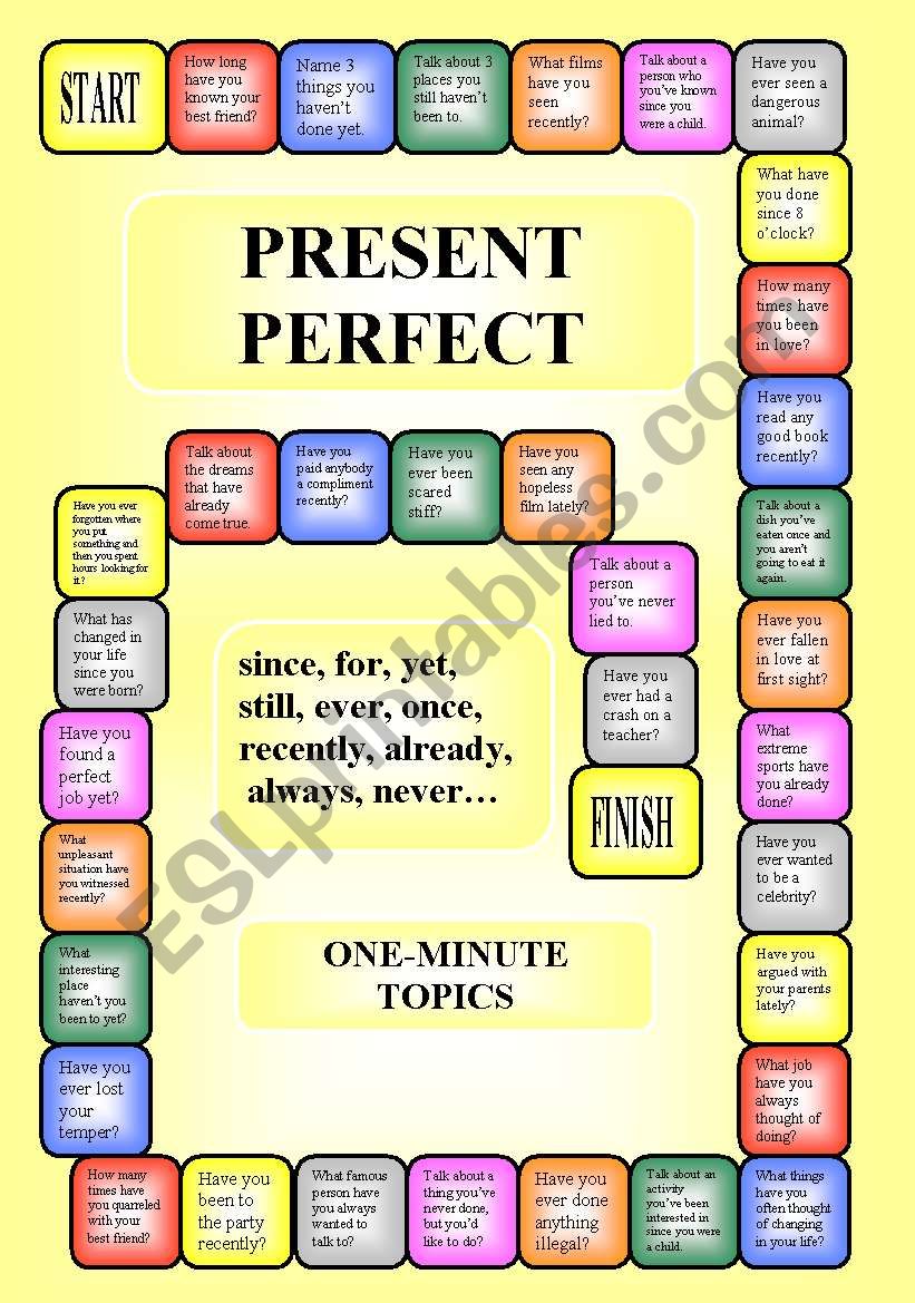 Boardgame - Present Perfect + since, for, ever, already, still, yet... (editable)