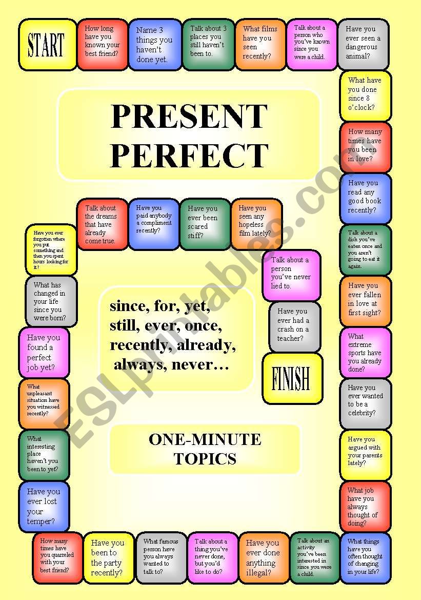 Yet in questions. Игры на present perfect. Present perfect Board game. Present perfect for since Board game. Present perfect boardgame.