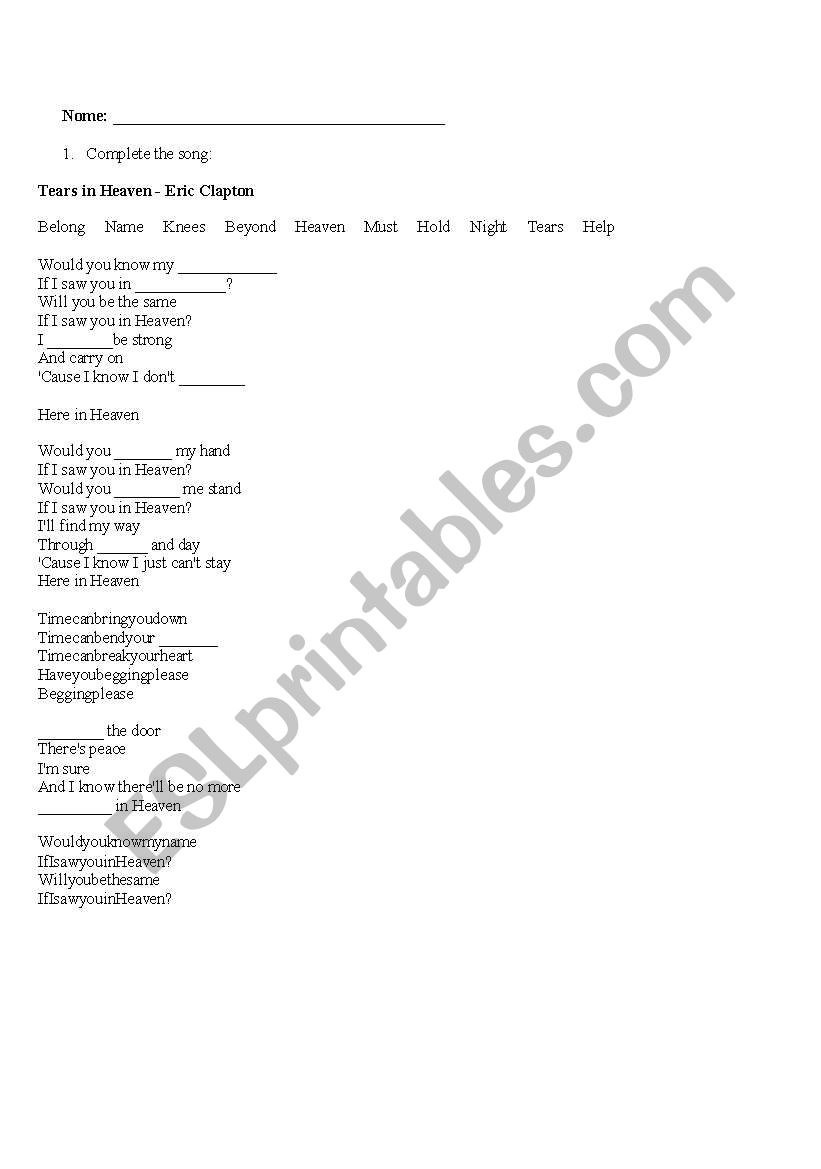 Tears in Heaven worksheet