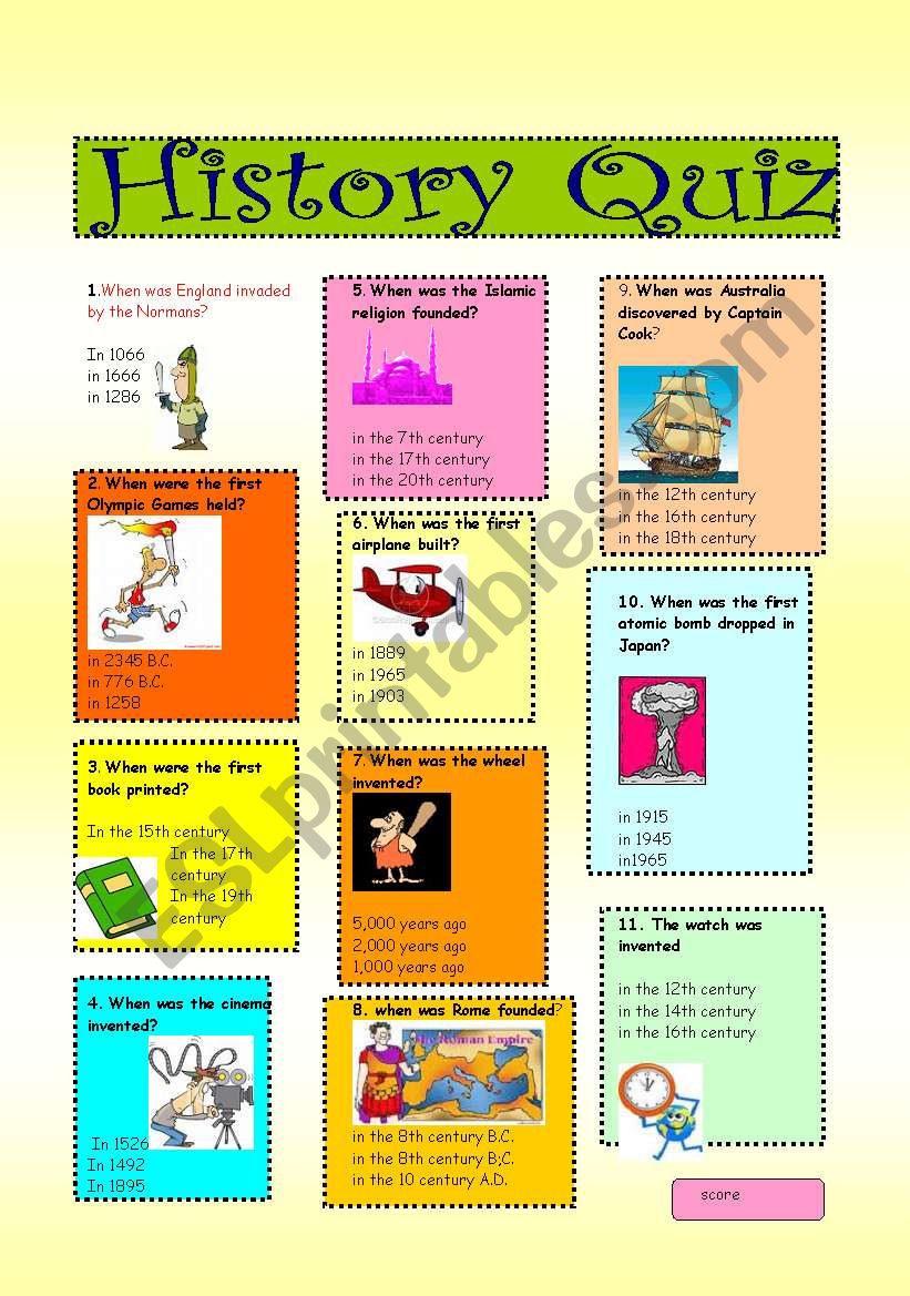 history quiz. PART 1 worksheet