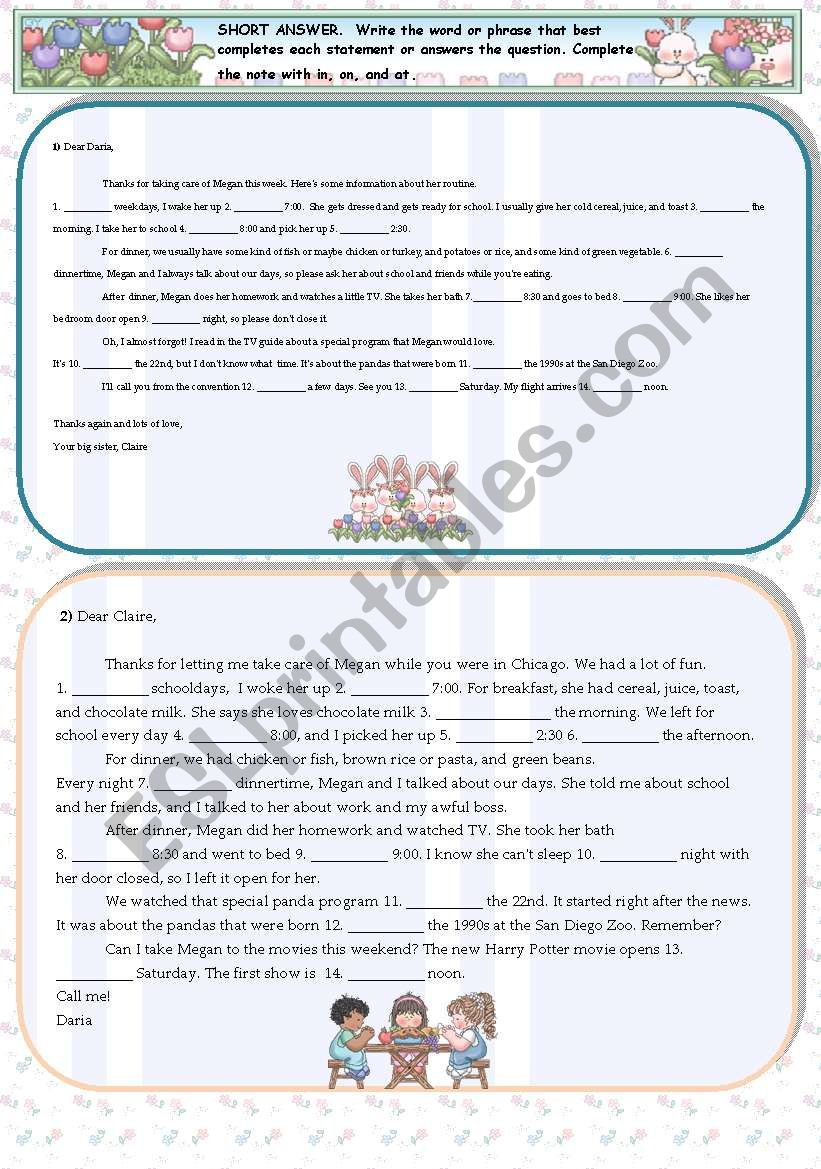 Prepossition of time IN ON AT worksheet