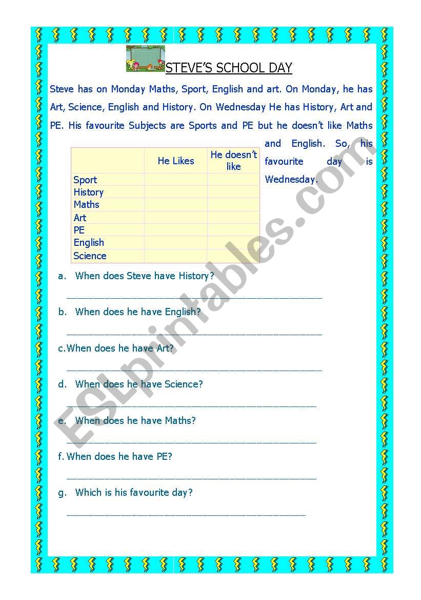 Stephens school day worksheet