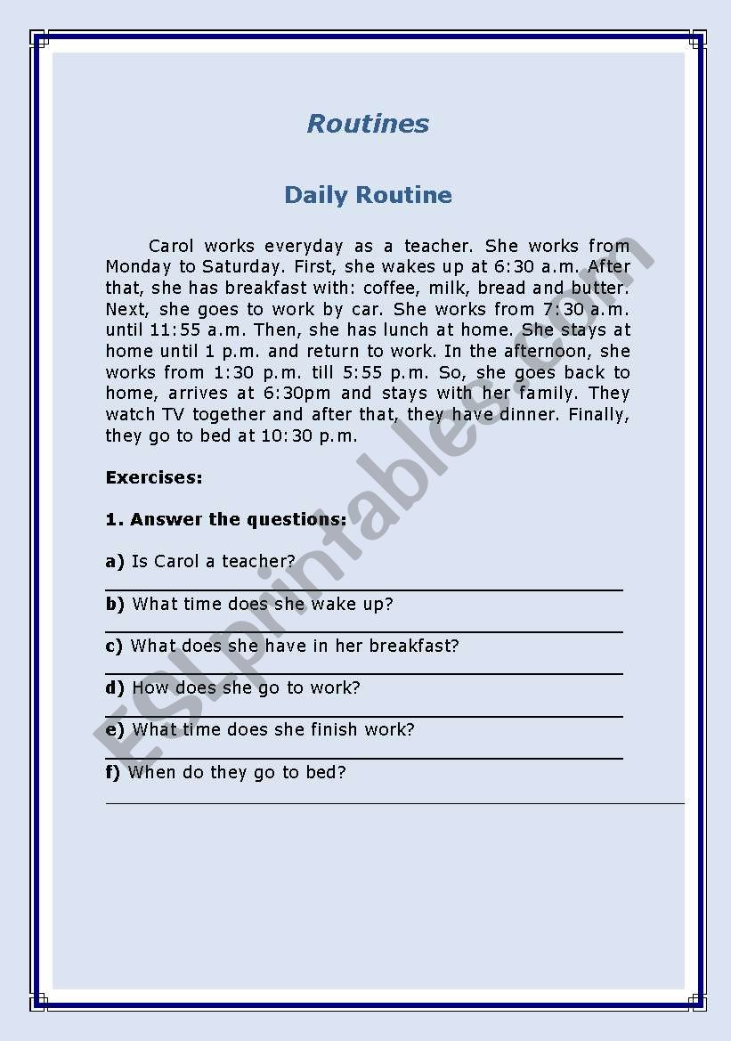 ROUTINE worksheet