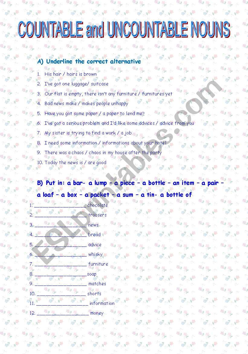 COUNTABLE and UNCOUNTABLE NOUNS