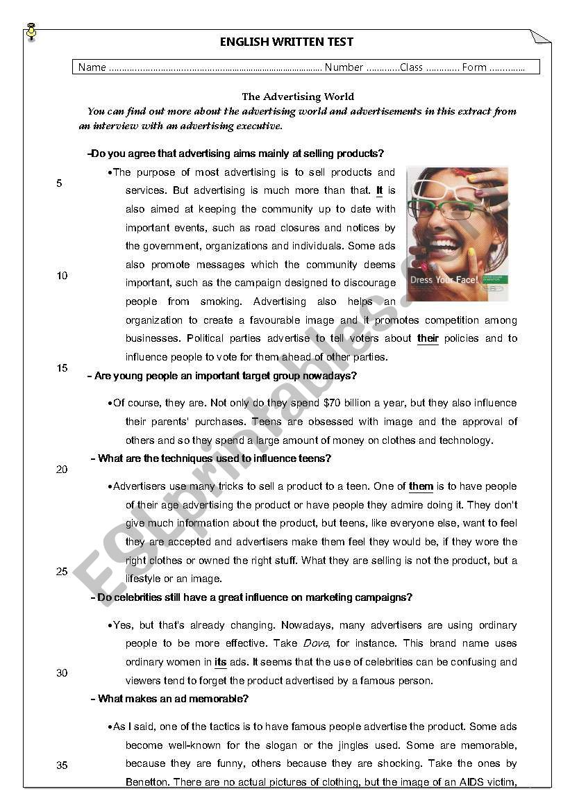 test about advertising worksheet