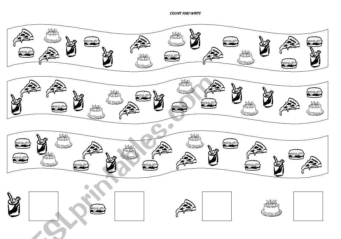 FOOD AND DRINK. COUNT AND WRITE