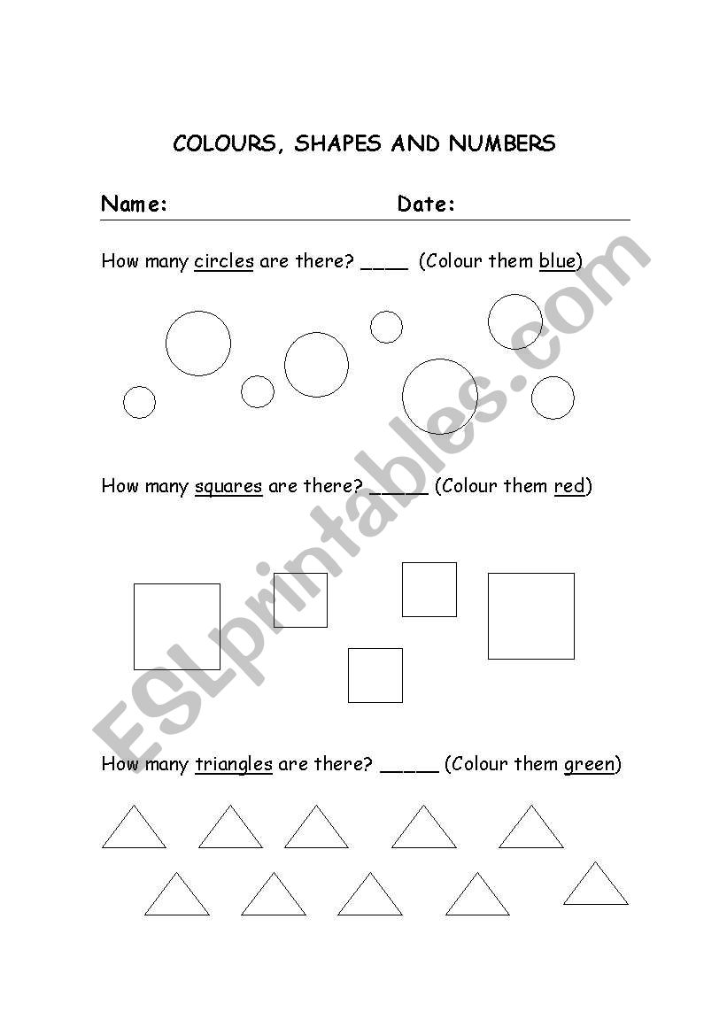 Colours, shapes and numbers worksheet