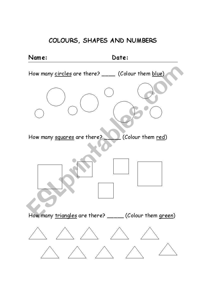 Colours, shapes and numbers worksheet
