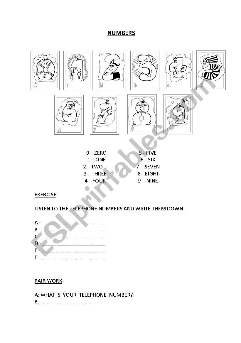 Numbers from 0 to 9 worksheet