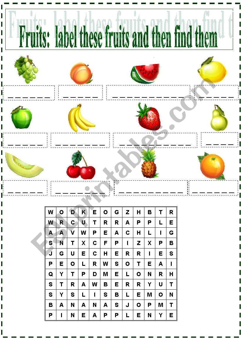 Fuits naming & wordsearch worksheet