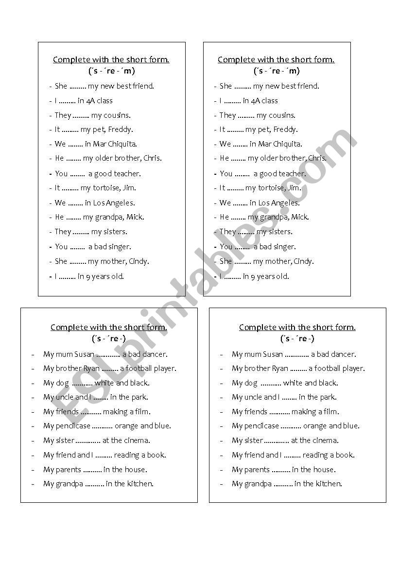 Short form of TO BE worksheet