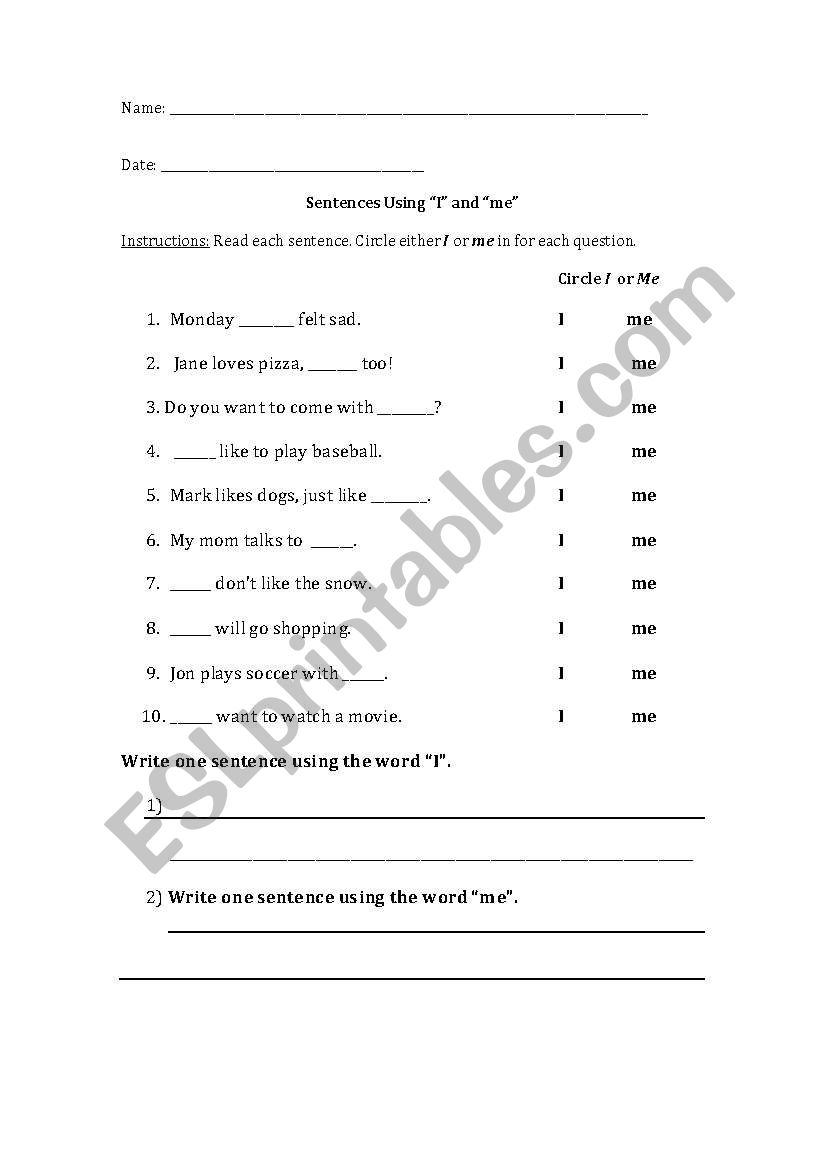 I vs. me worksheet