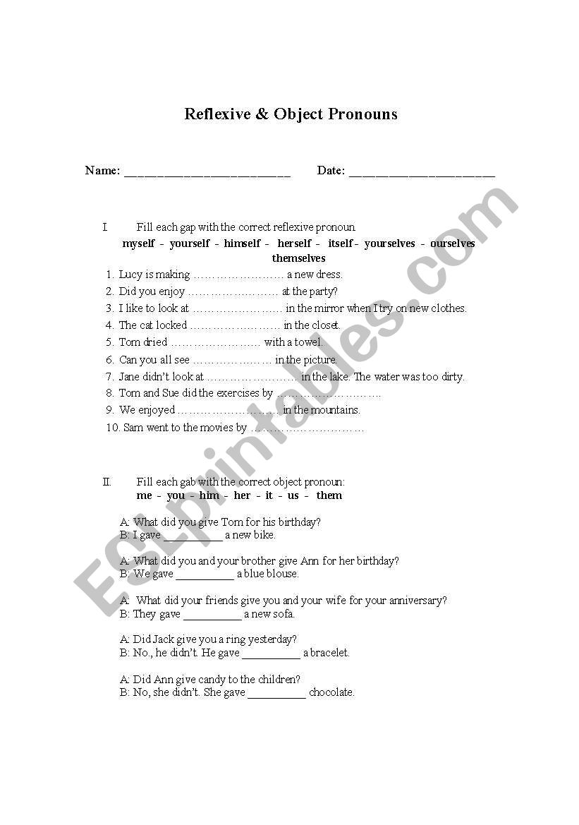 Reflexive & Object Pronouns worksheet