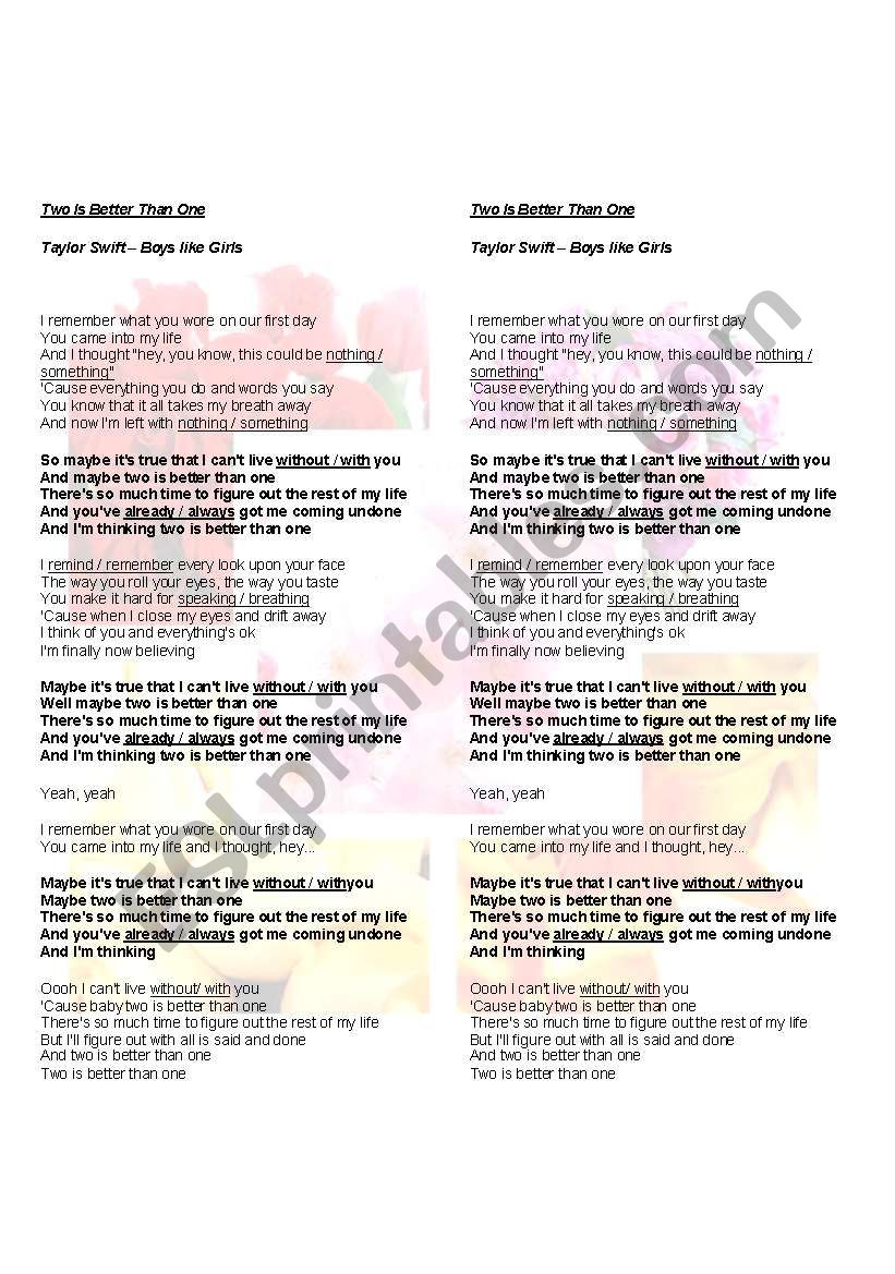 Tyranny jeg fandt det serie Two is better than one - lyrics - ESL worksheet by An@ M@ria