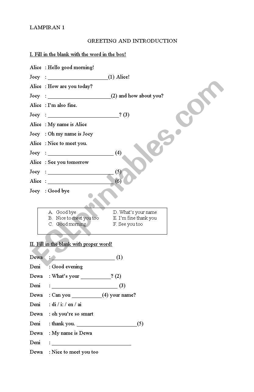 Greeting worksheet