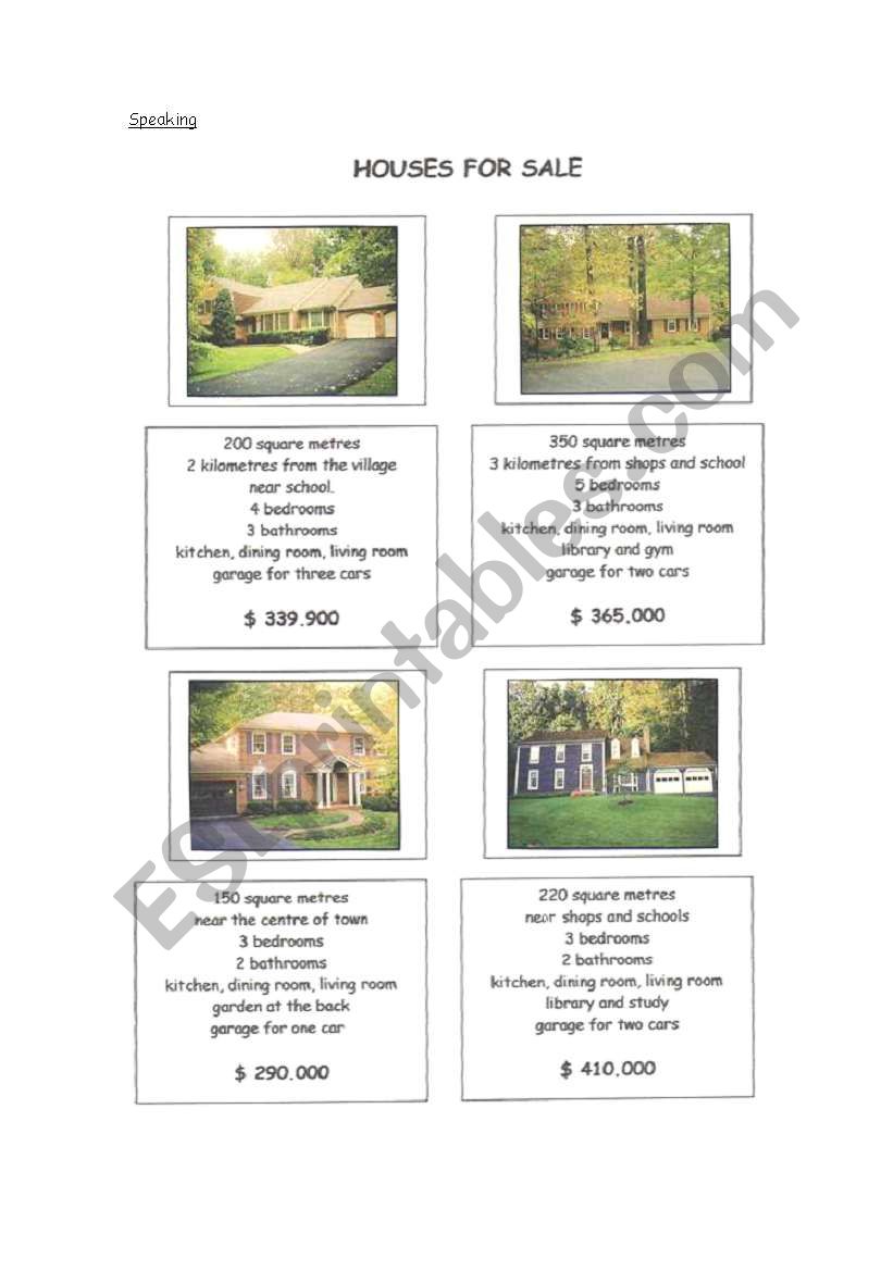 Speaking- Houses for Sale worksheet