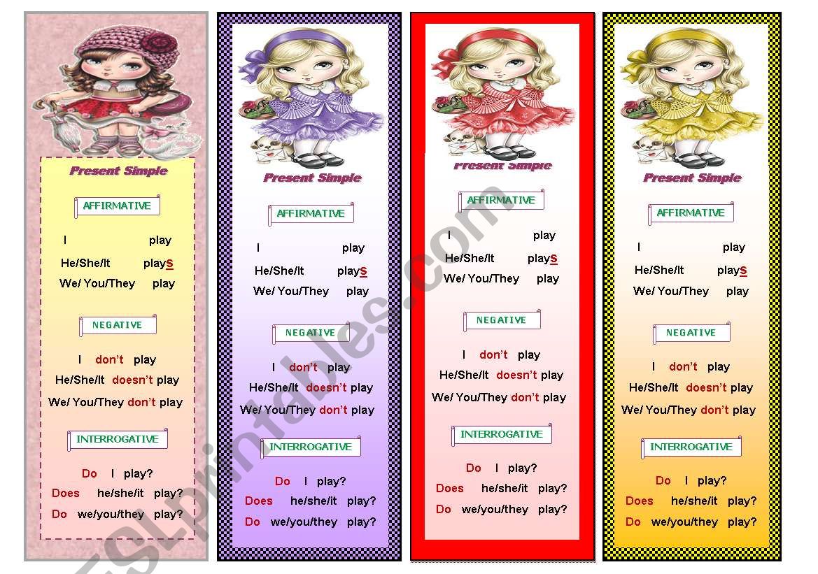 Bookmarks with Present Simple - do - does - donÂ´t -doesnÂ´t.