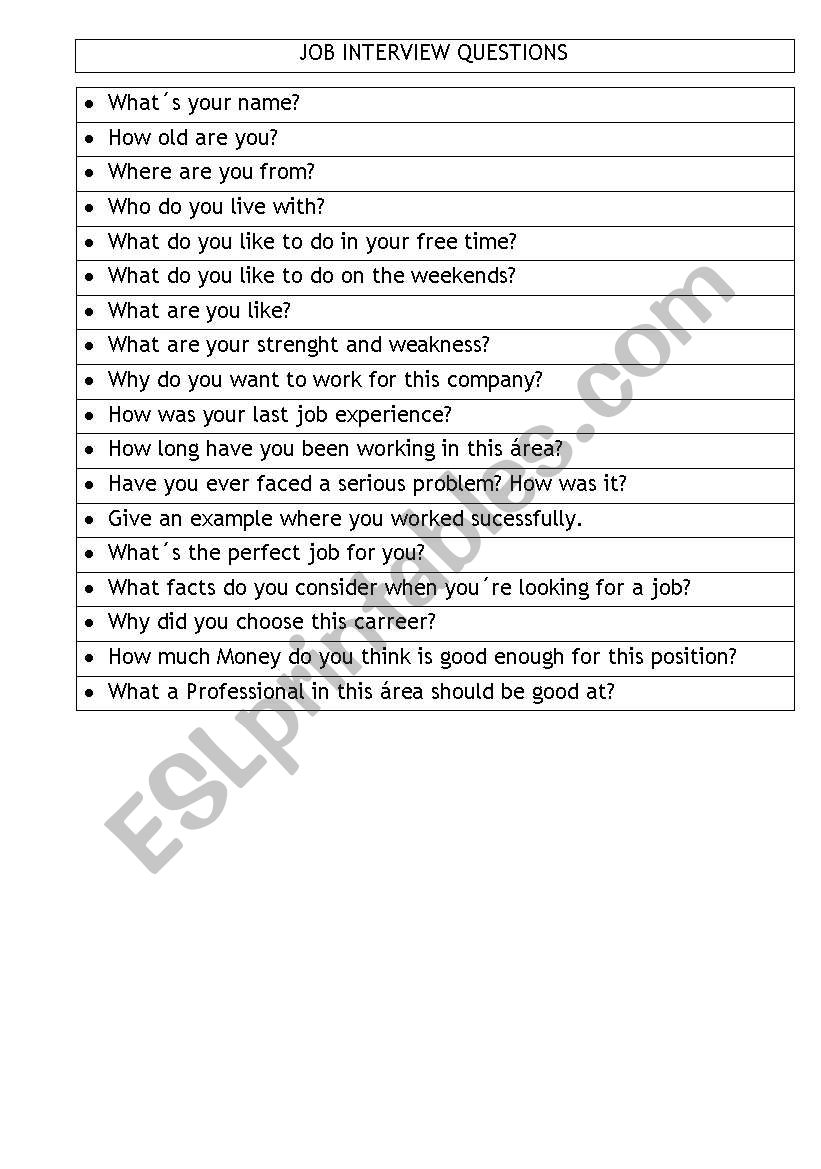 Job Interview Questions worksheet