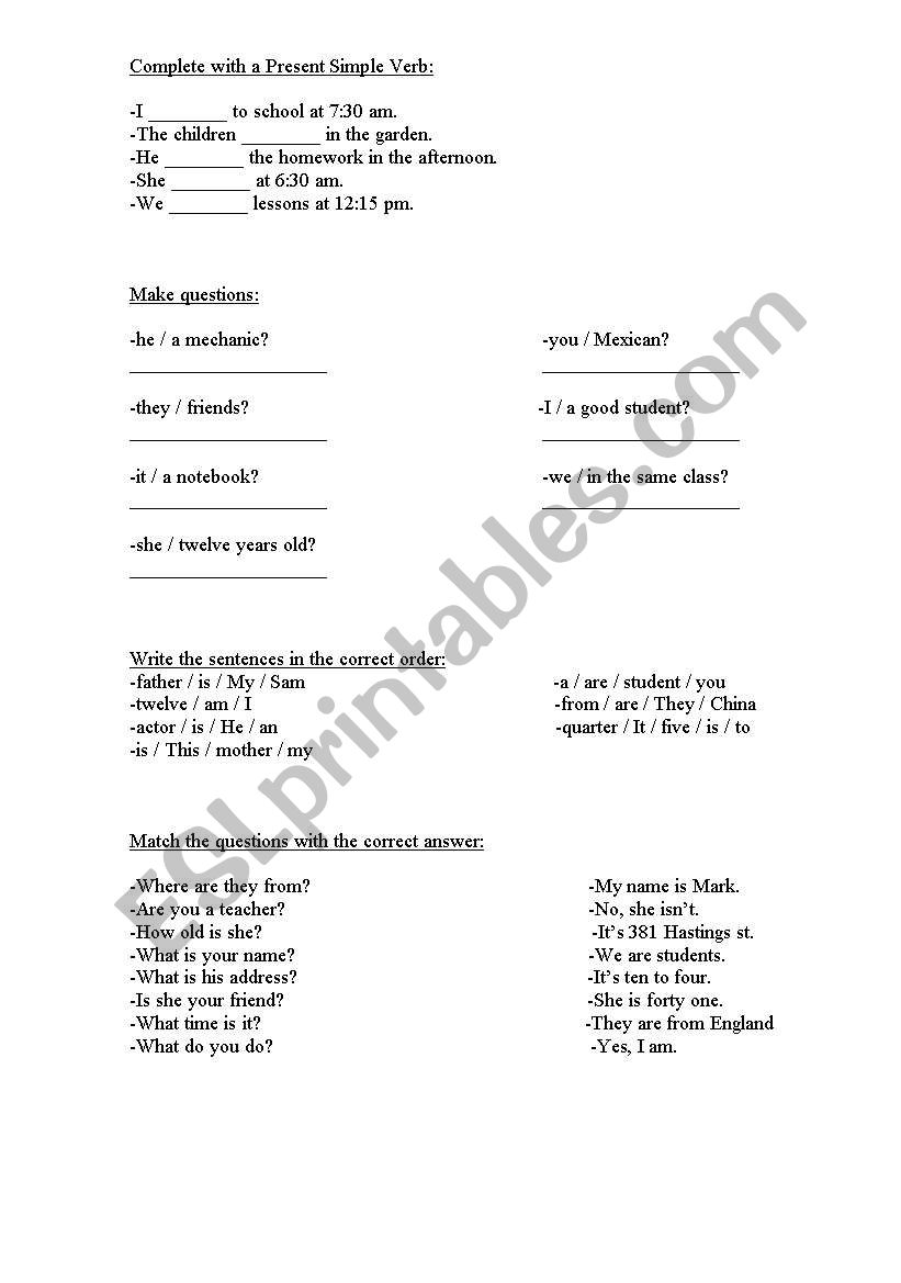 Exercises with Present Simple worksheet