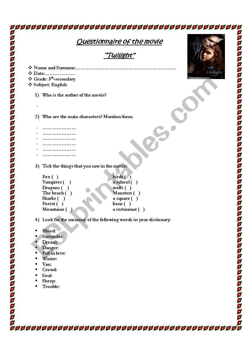 Twilight questionnaire worksheet