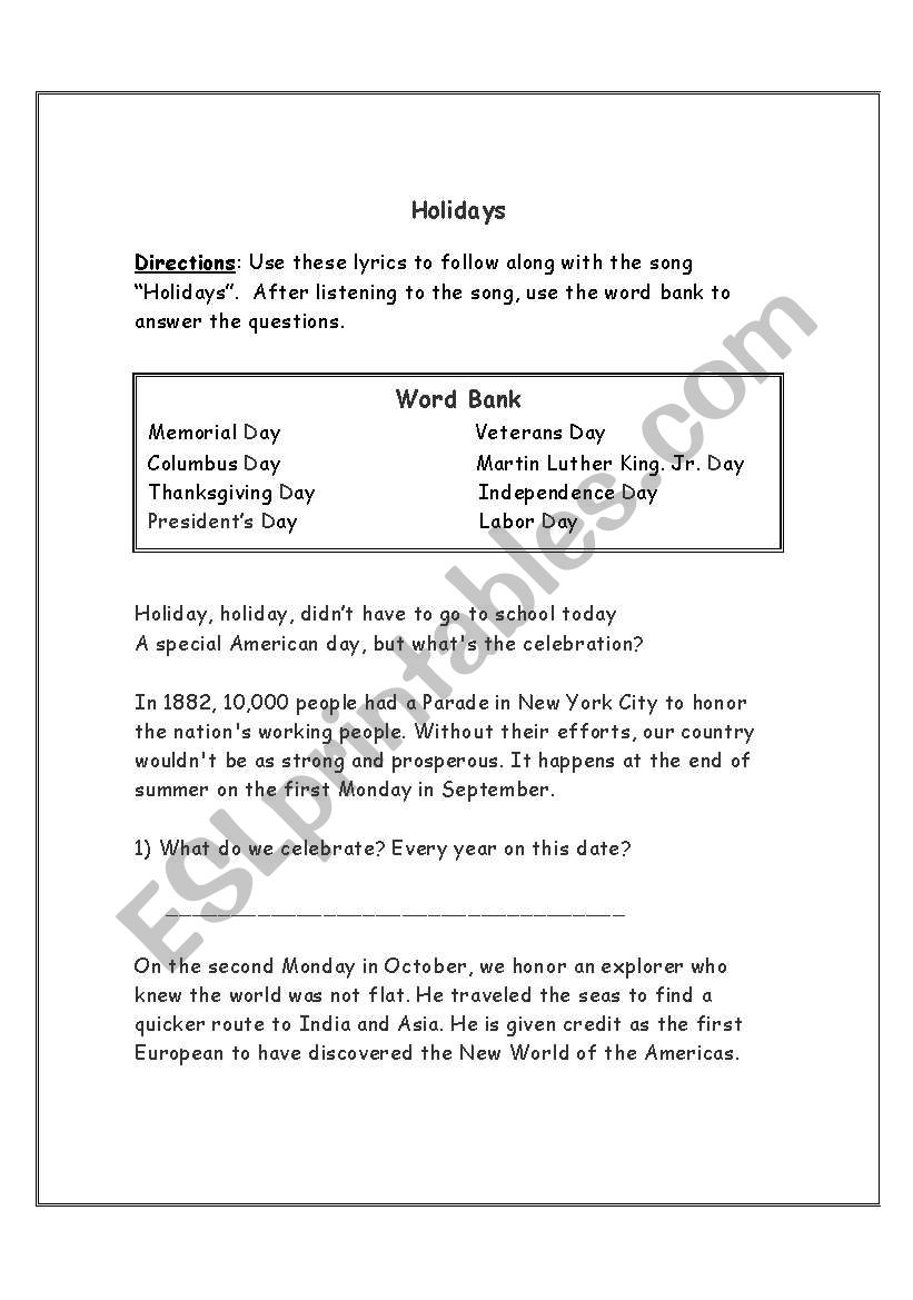 American Holidays worksheet