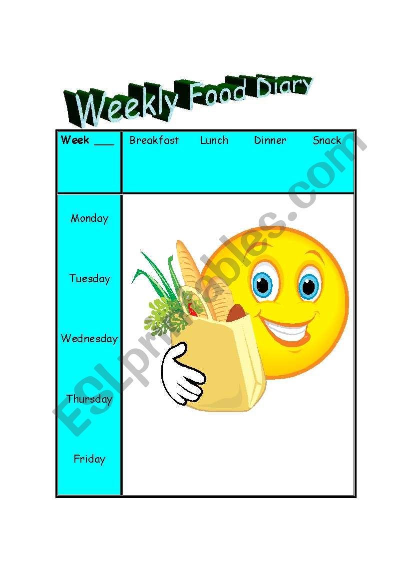 Weekly Food diary for kids worksheet
