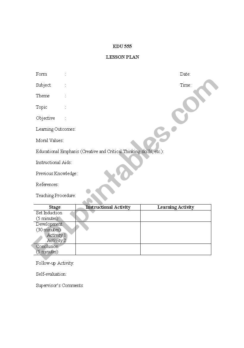 format for good lesson plan worksheet