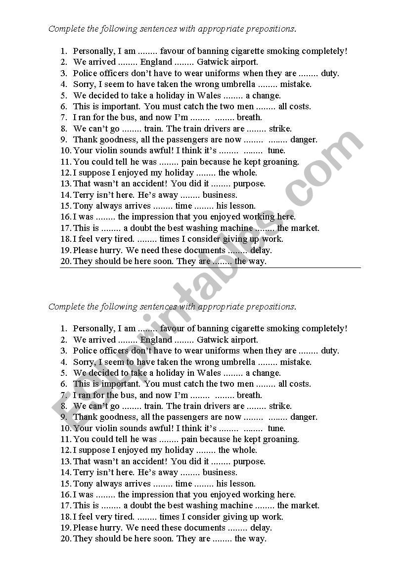 Prepositions worksheet